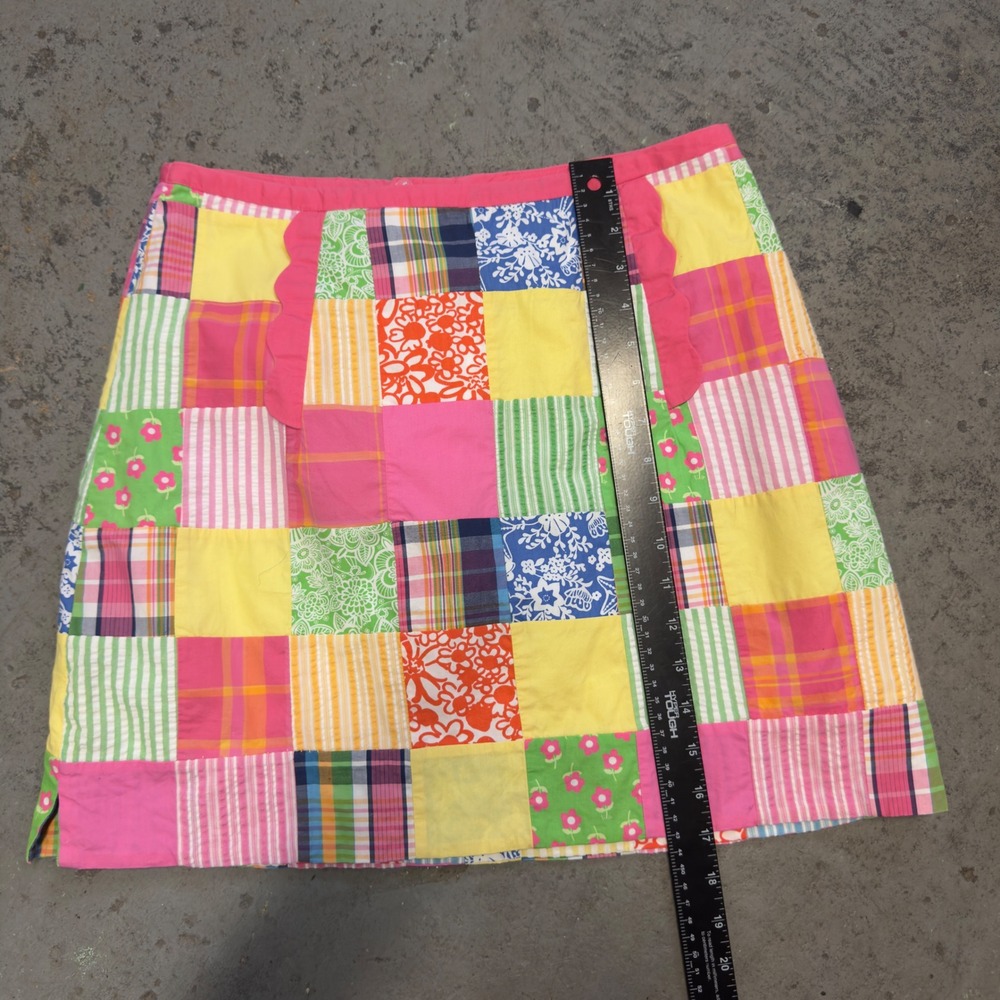 Lilly Pulitzer Patchwork Mini Skirt Pink Yellow Plaid Floral Cotton Size 10 - Picture 7 of 10